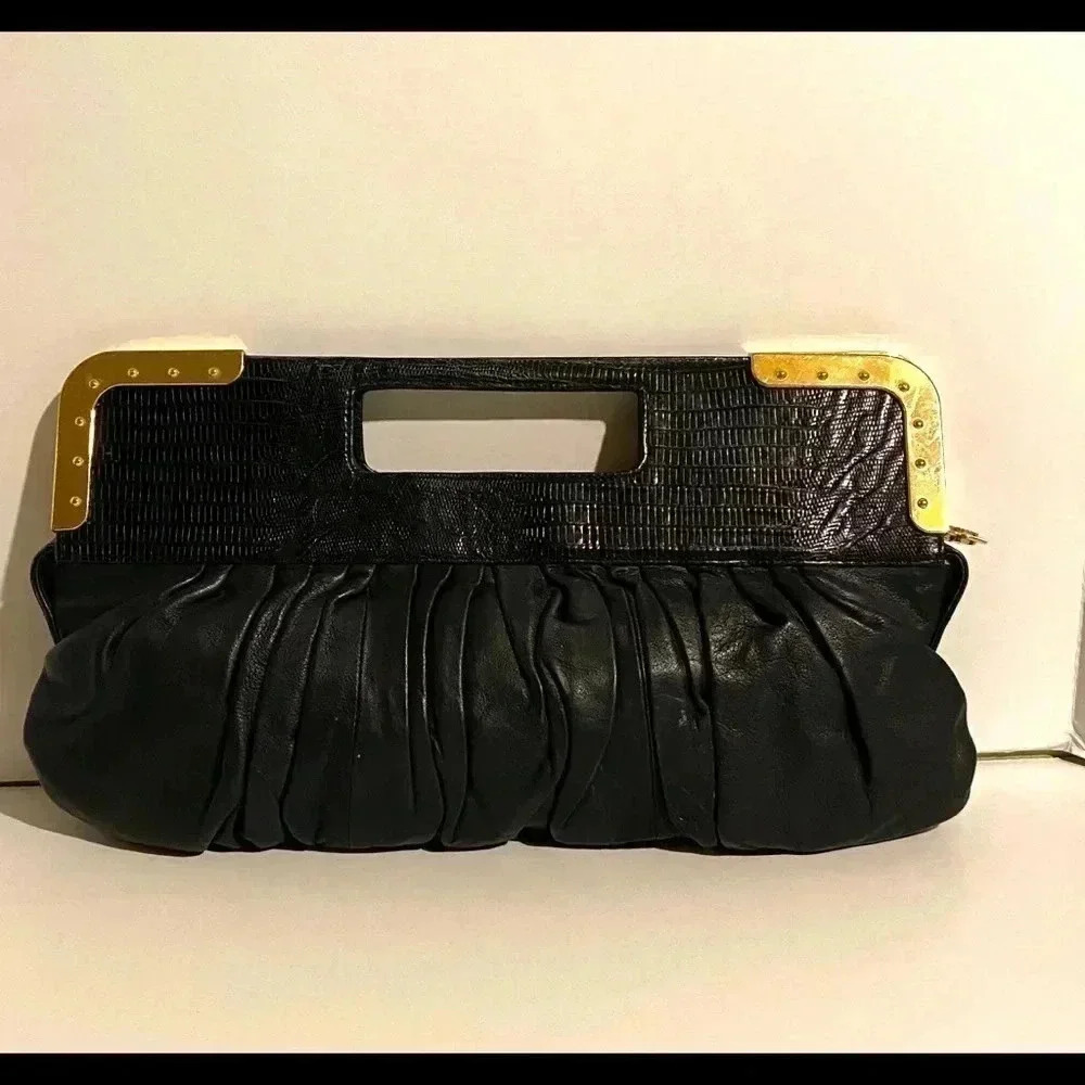 bcbgmaxazria black leather clutch bag